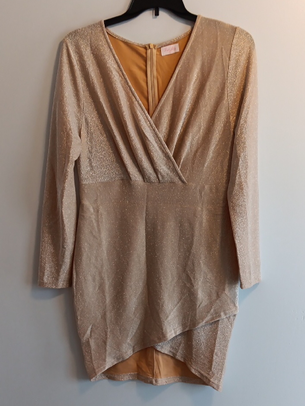 Pink Lily Gold-Beige Metallic Wrap-Front Long Sleeve Dress